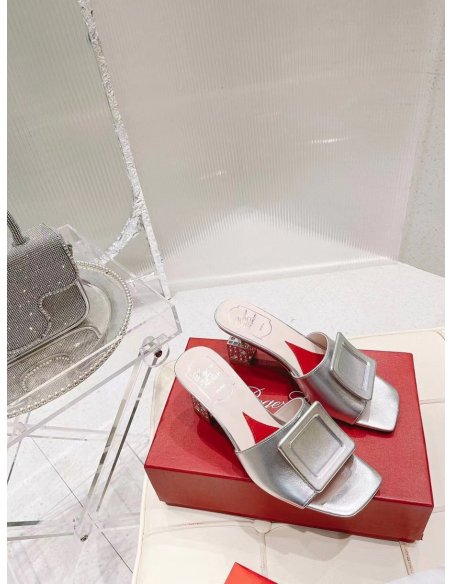 Cheap Reps Roger Vivier Cube Strass Heel Mules in Silver Metallic Leather