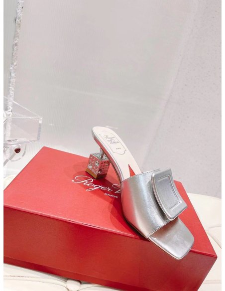 Cheap Reps Roger Vivier Cube Strass Heel Mules in Silver Metallic Leather