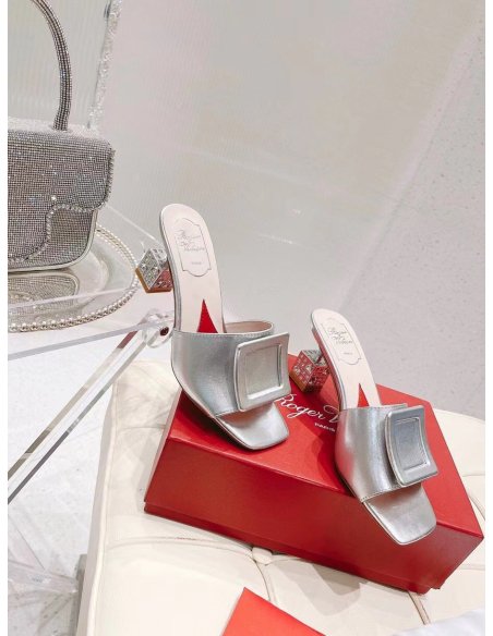 Cheap Reps Roger Vivier Cube Strass Heel Mules in Silver Metallic Leather