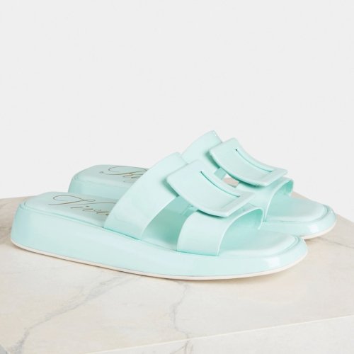 Cheap Reps Roger Vivier Vivier Slide Covered Buckle Mules in Blue Patent Leather