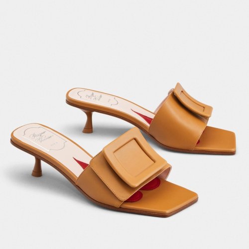 Cheap Reps Roger Vivier Covered Buckle 45mm Mules in Brown Leather