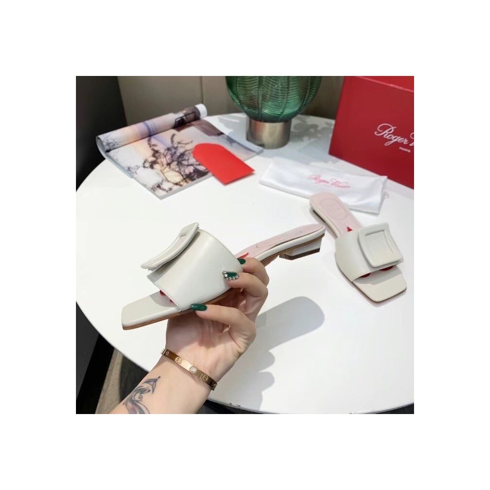 Cheap Reps Roger Vivier Covered Buckle Mules in White Leather