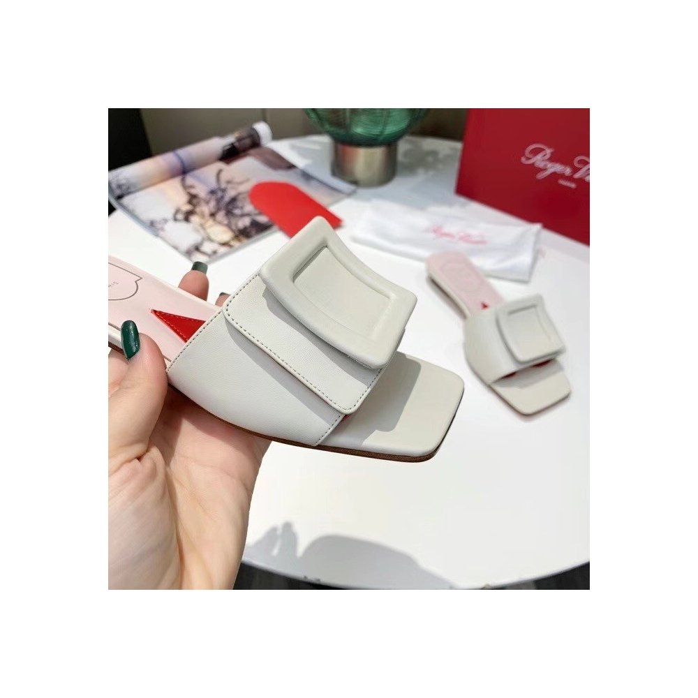 Cheap Reps Roger Vivier Covered Buckle Mules in White Leather