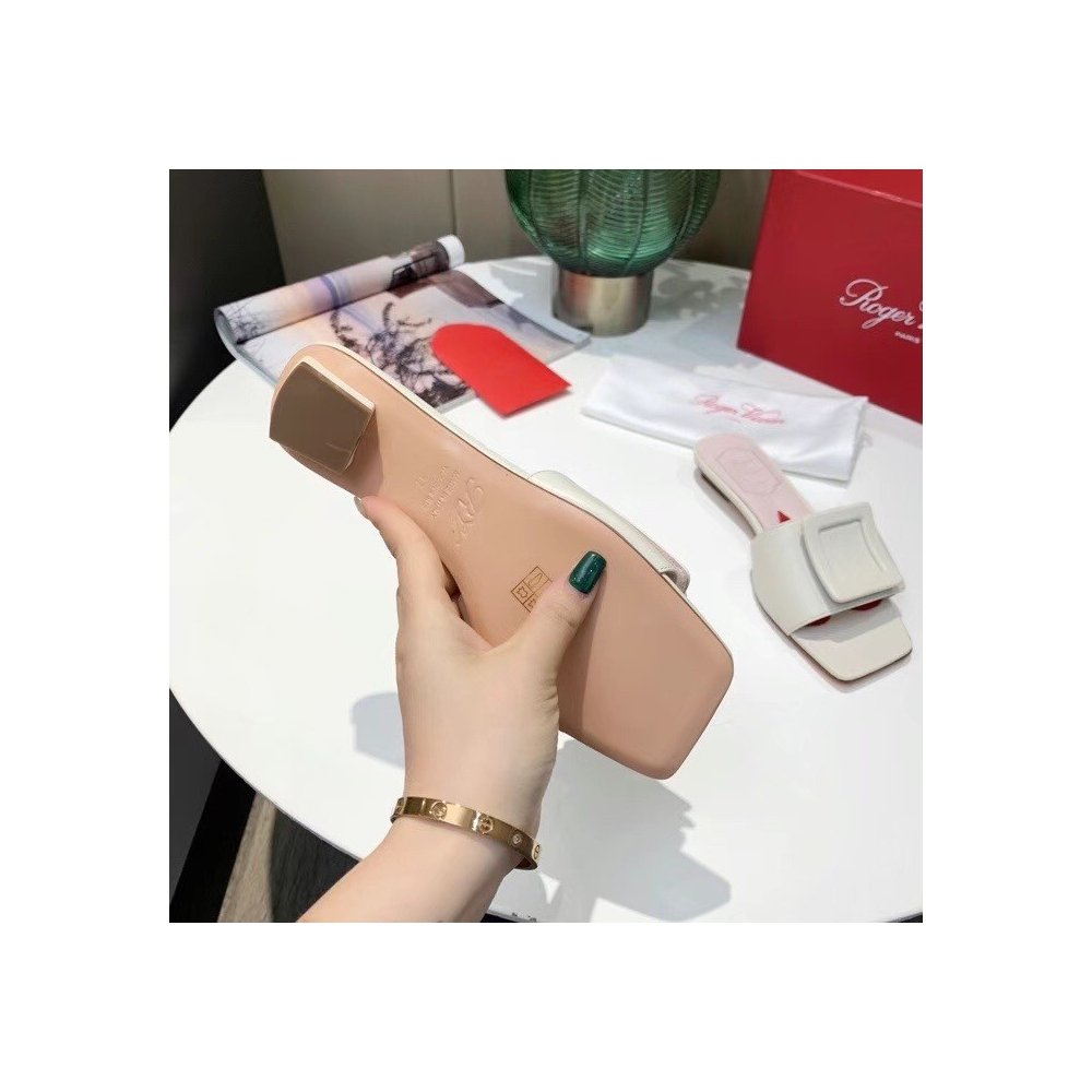 Cheap Reps Roger Vivier Covered Buckle Mules in White Leather