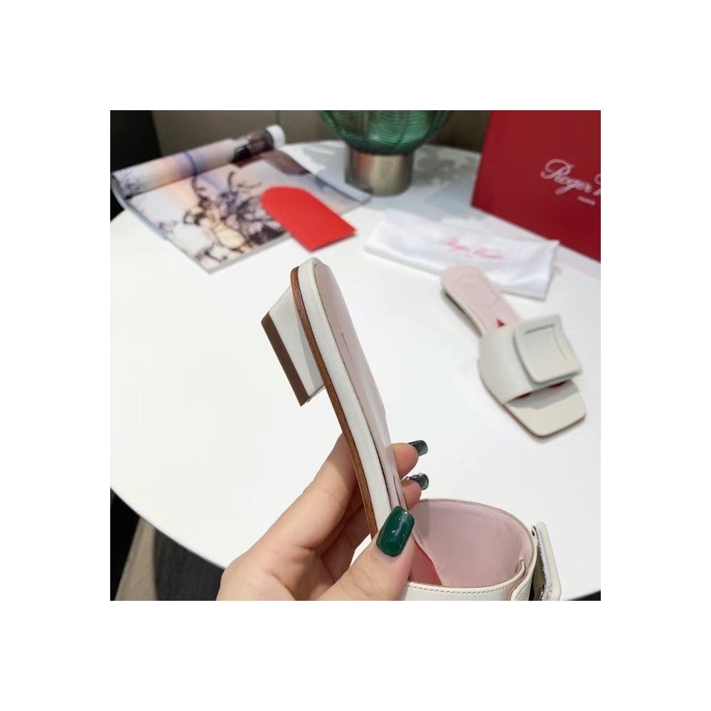 Cheap Reps Roger Vivier Covered Buckle Mules in White Leather