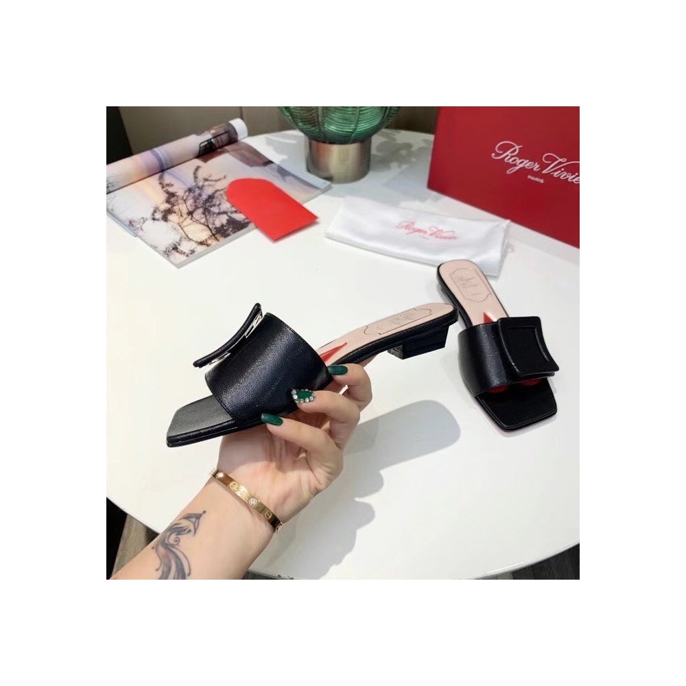 Cheap Reps Roger Vivier Covered Buckle Mules in Black Leather