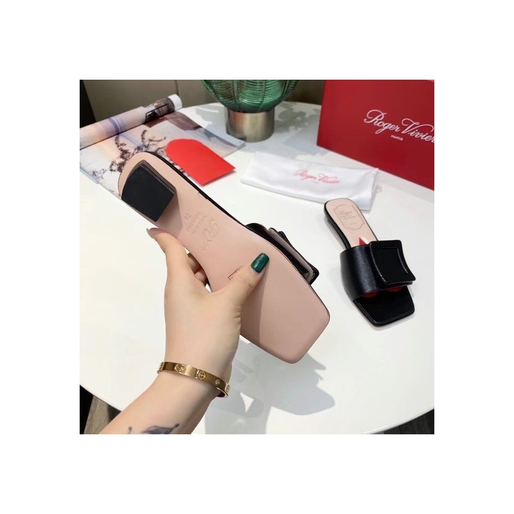 Cheap Reps Roger Vivier Covered Buckle Mules in Black Leather