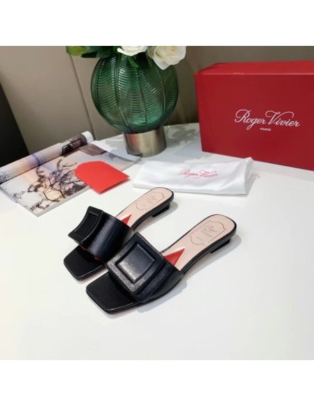 Cheap Reps Roger Vivier Covered Buckle Mules in Black Leather