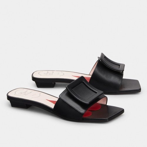 Cheap Reps Roger Vivier Covered Buckle Mules in Black Leather
