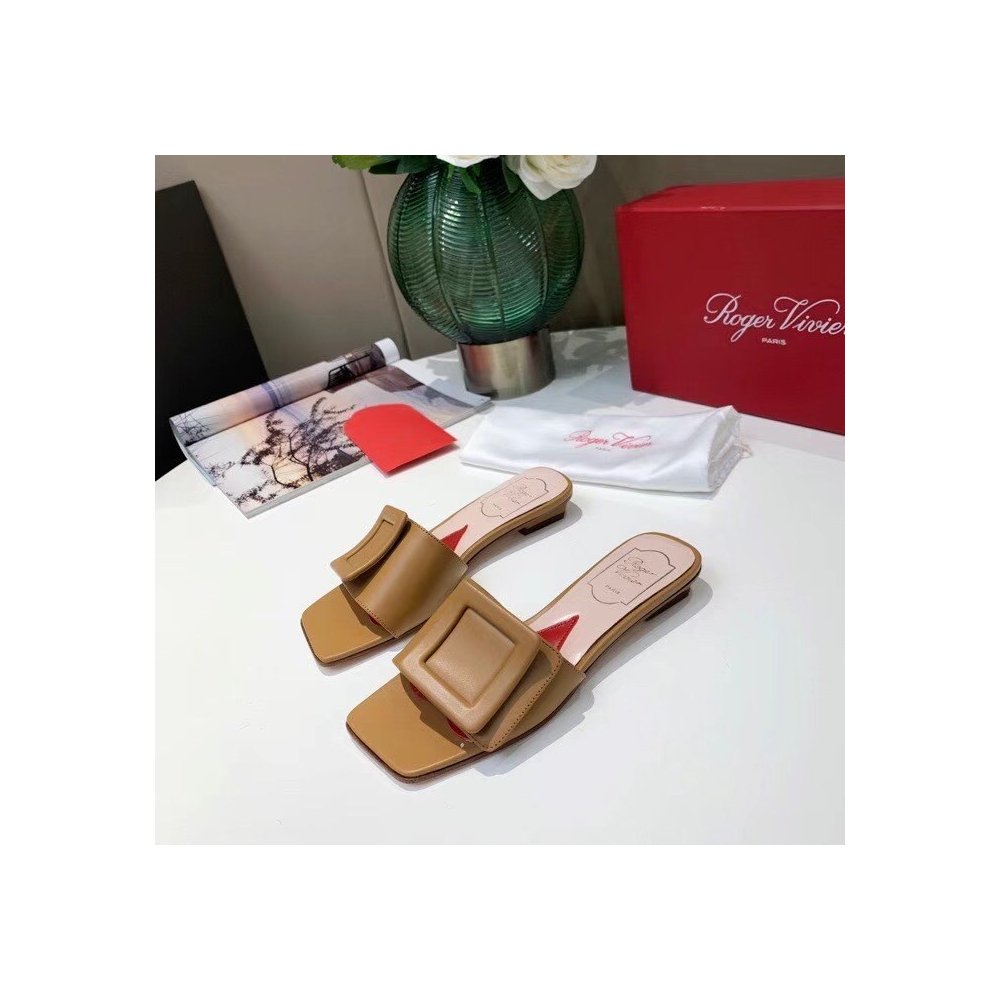 Cheap Reps Roger Vivier Covered Buckle Mules in Brown Leather