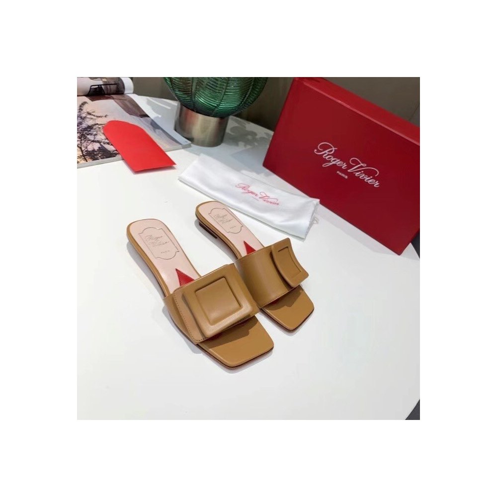 Cheap Reps Roger Vivier Covered Buckle Mules in Brown Leather