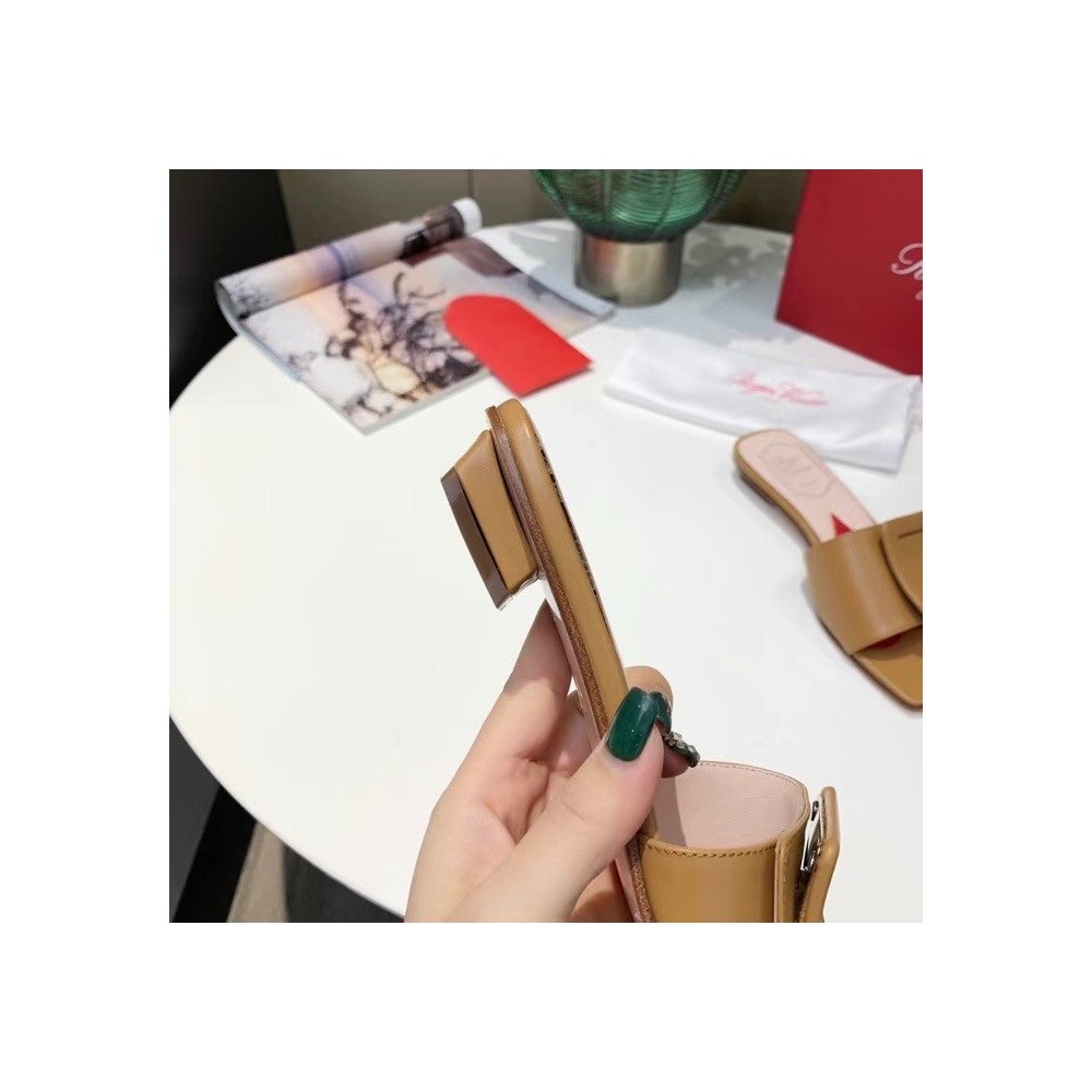 Cheap Reps Roger Vivier Covered Buckle Mules in Brown Leather