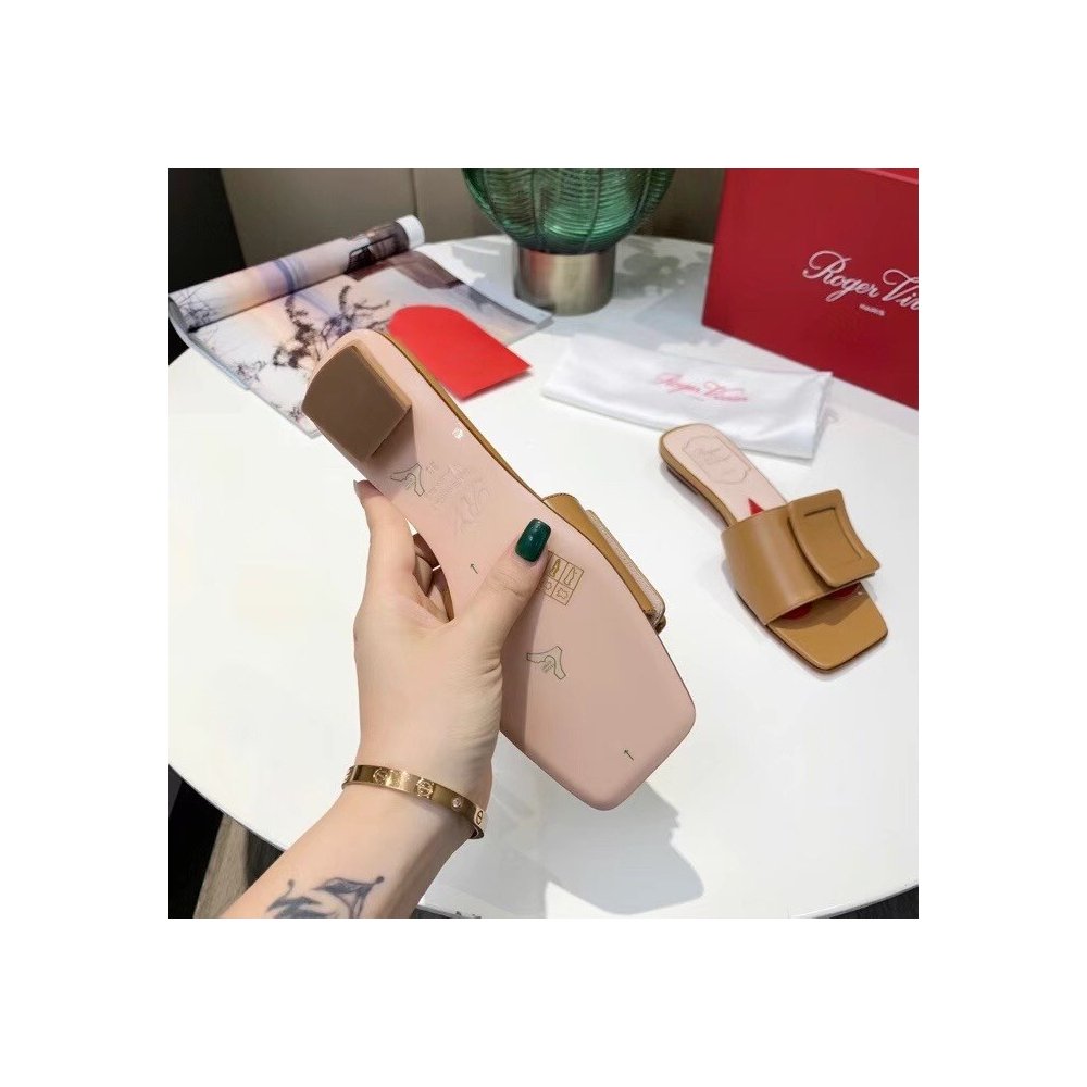 Cheap Reps Roger Vivier Covered Buckle Mules in Brown Leather