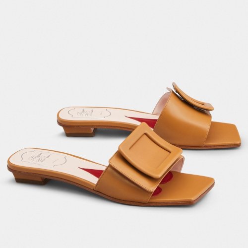 Cheap Reps Roger Vivier Covered Buckle Mules in Brown Leather