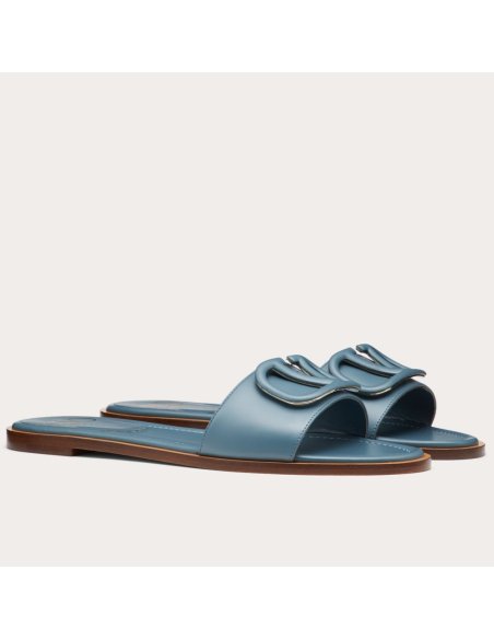 Cheap Reps Valentino VLogo Signature Flat Slides In Blue Calfskin