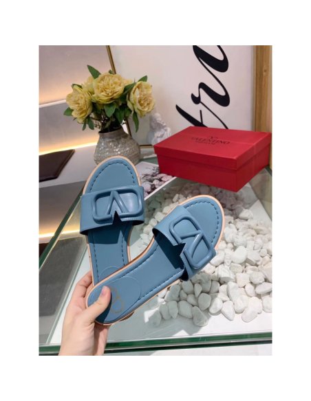 Cheap Reps Valentino VLogo Signature Flat Slides In Blue Calfskin