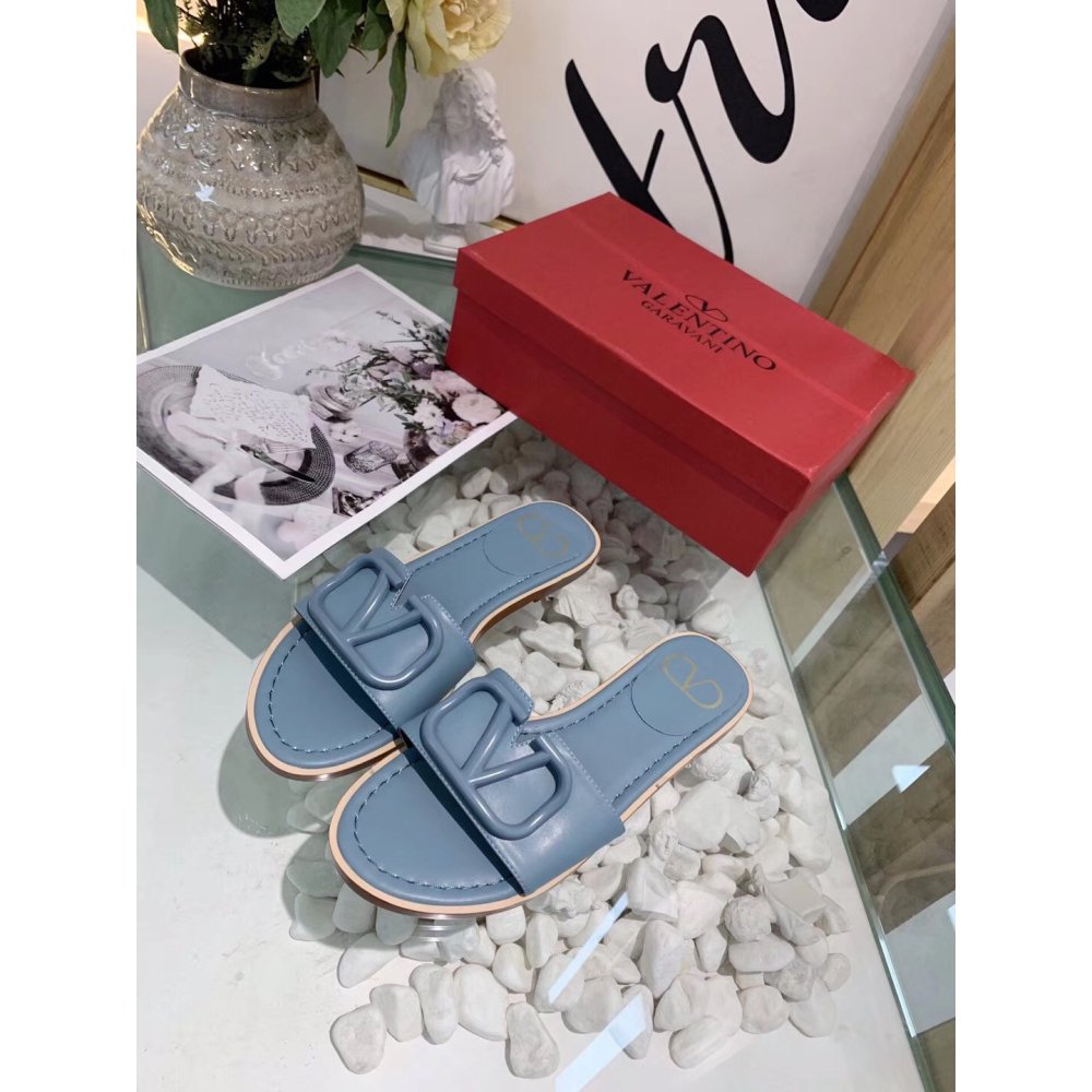 Cheap Reps Valentino VLogo Signature Flat Slides In Blue Calfskin