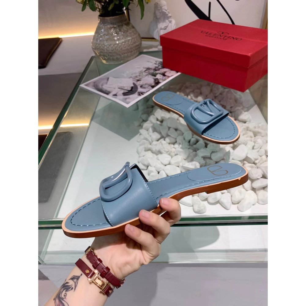 Cheap Reps Valentino VLogo Signature Flat Slides In Blue Calfskin