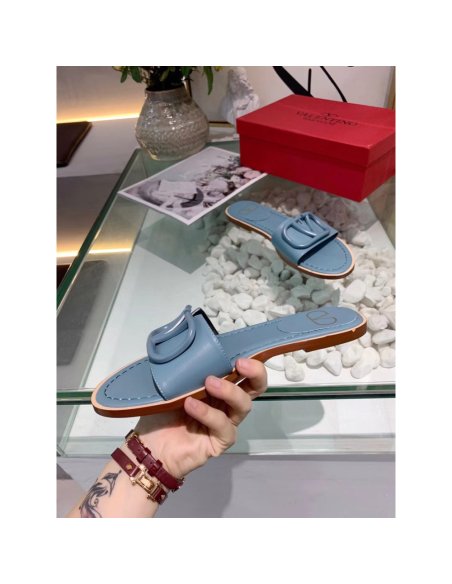 Cheap Reps Valentino VLogo Signature Flat Slides In Blue Calfskin