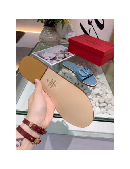Cheap Reps Valentino VLogo Signature Flat Slides In Blue Calfskin
