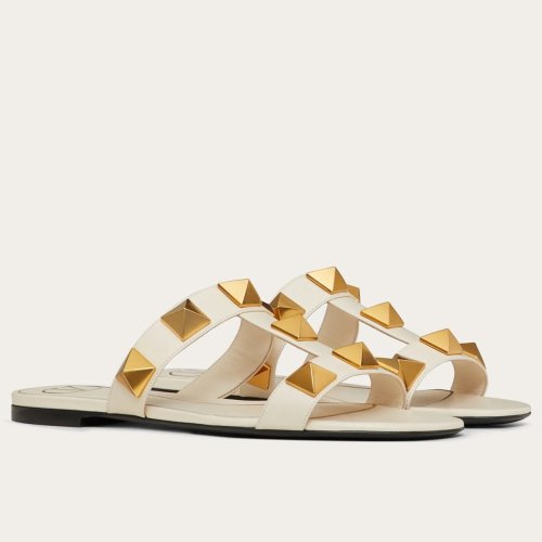 Cheap Reps Valentino Roman Stud Flat Slides In White Calfskin