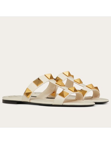 Cheap Reps Valentino Roman Stud Flat Slides In White Calfskin