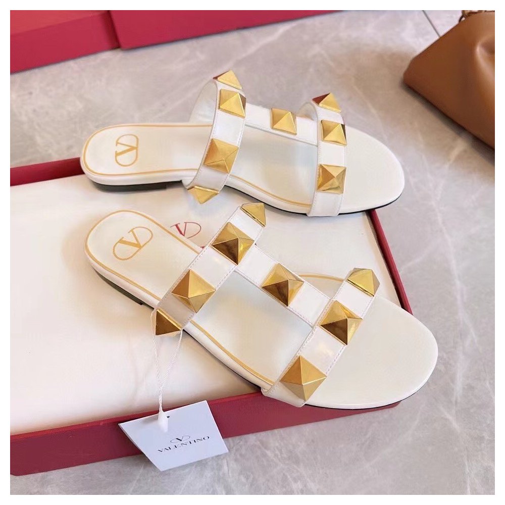 Cheap Reps Valentino Roman Stud Flat Slides In White Calfskin