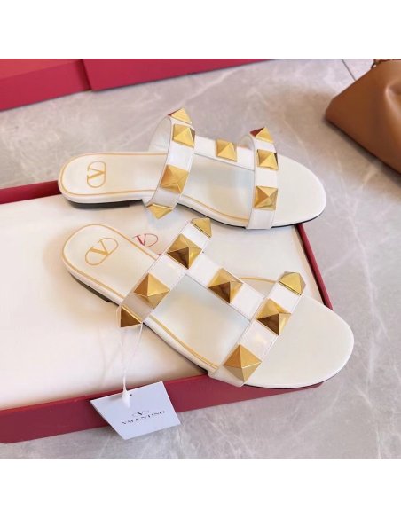 Cheap Reps Valentino Roman Stud Flat Slides In White Calfskin