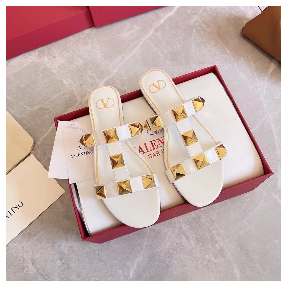 Cheap Reps Valentino Roman Stud Flat Slides In White Calfskin