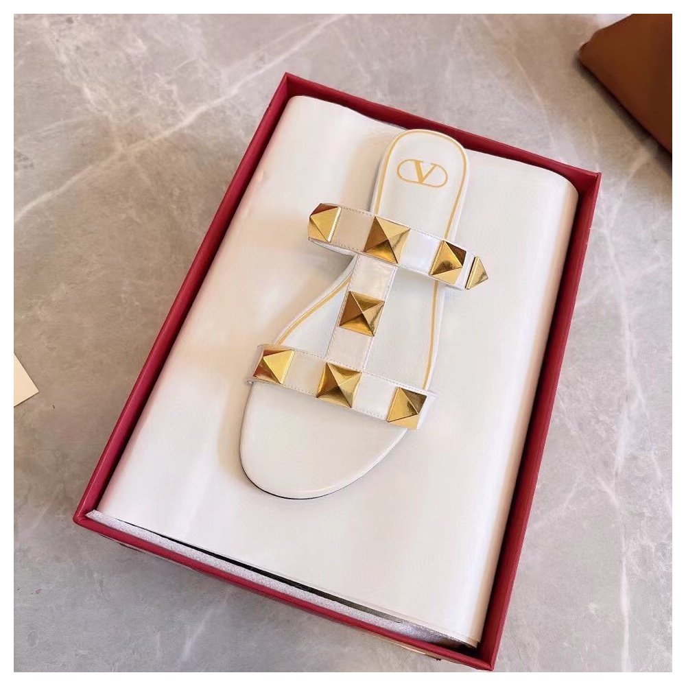 Cheap Reps Valentino Roman Stud Flat Slides In White Calfskin