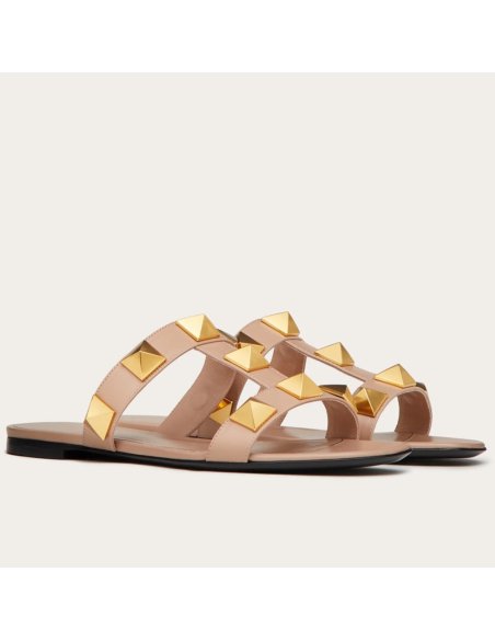 Cheap Reps Valentino Roman Stud Flat Slides In Rose Cannelle Calfskin