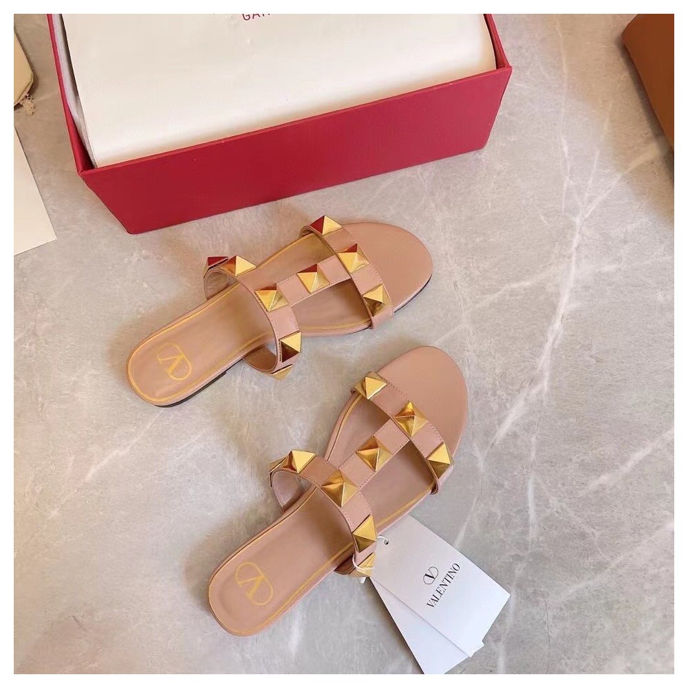 Cheap Reps Valentino Roman Stud Flat Slides In Rose Cannelle Calfskin