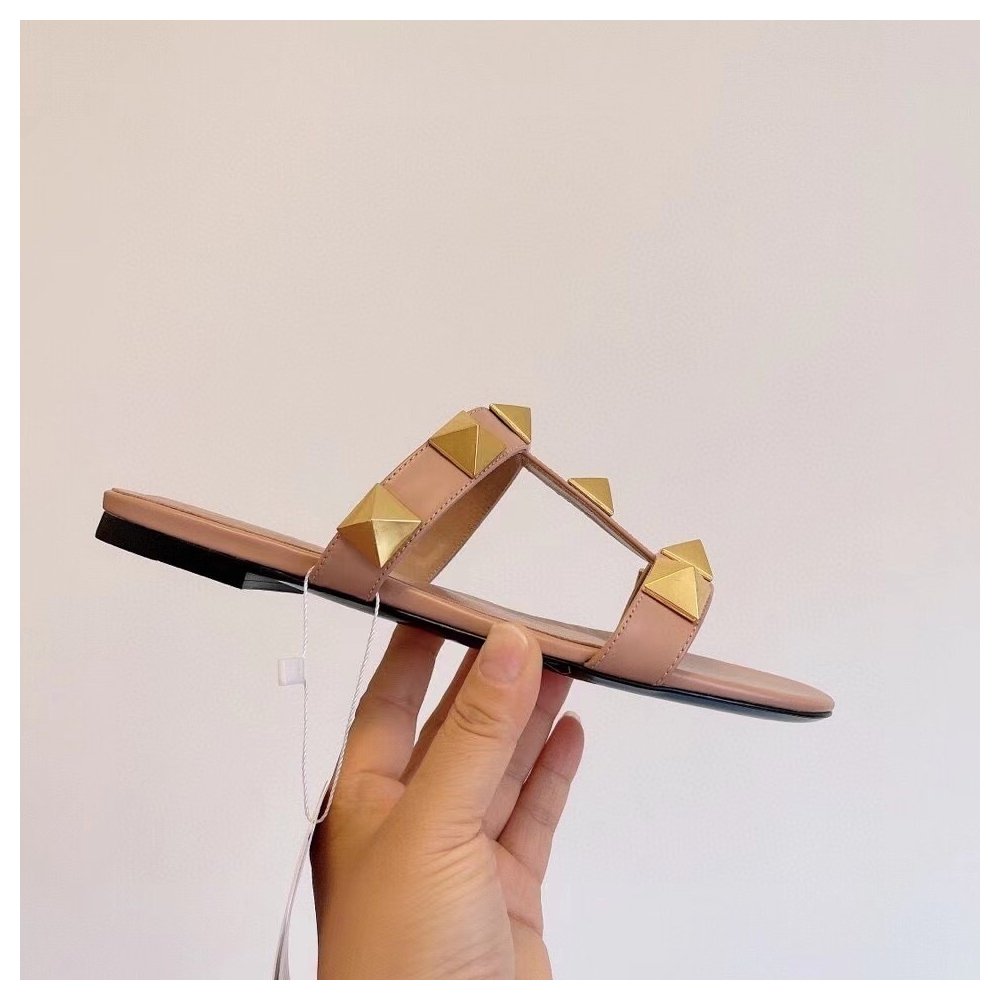Cheap Reps Valentino Roman Stud Flat Slides In Rose Cannelle Calfskin