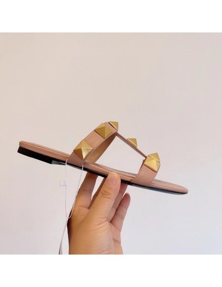 Cheap Reps Valentino Roman Stud Flat Slides In Rose Cannelle Calfskin
