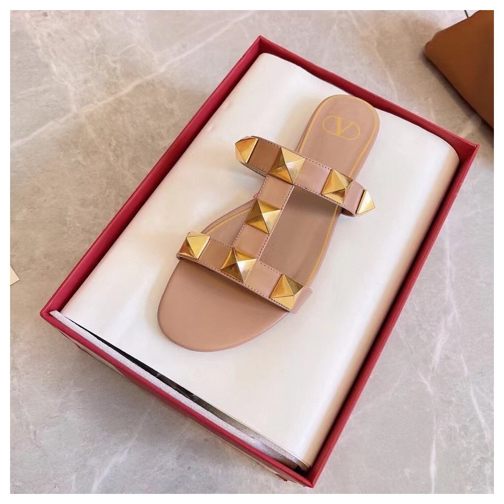 Cheap Reps Valentino Roman Stud Flat Slides In Rose Cannelle Calfskin