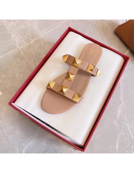 Cheap Reps Valentino Roman Stud Flat Slides In Rose Cannelle Calfskin