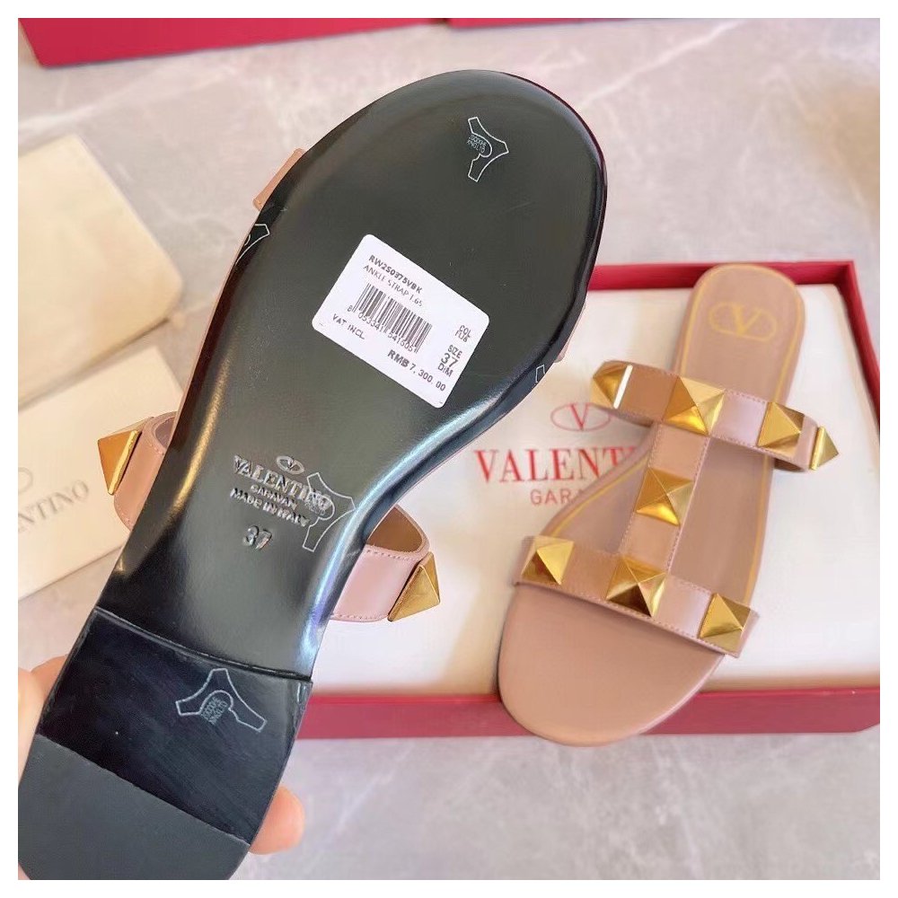 Cheap Reps Valentino Roman Stud Flat Slides In Rose Cannelle Calfskin