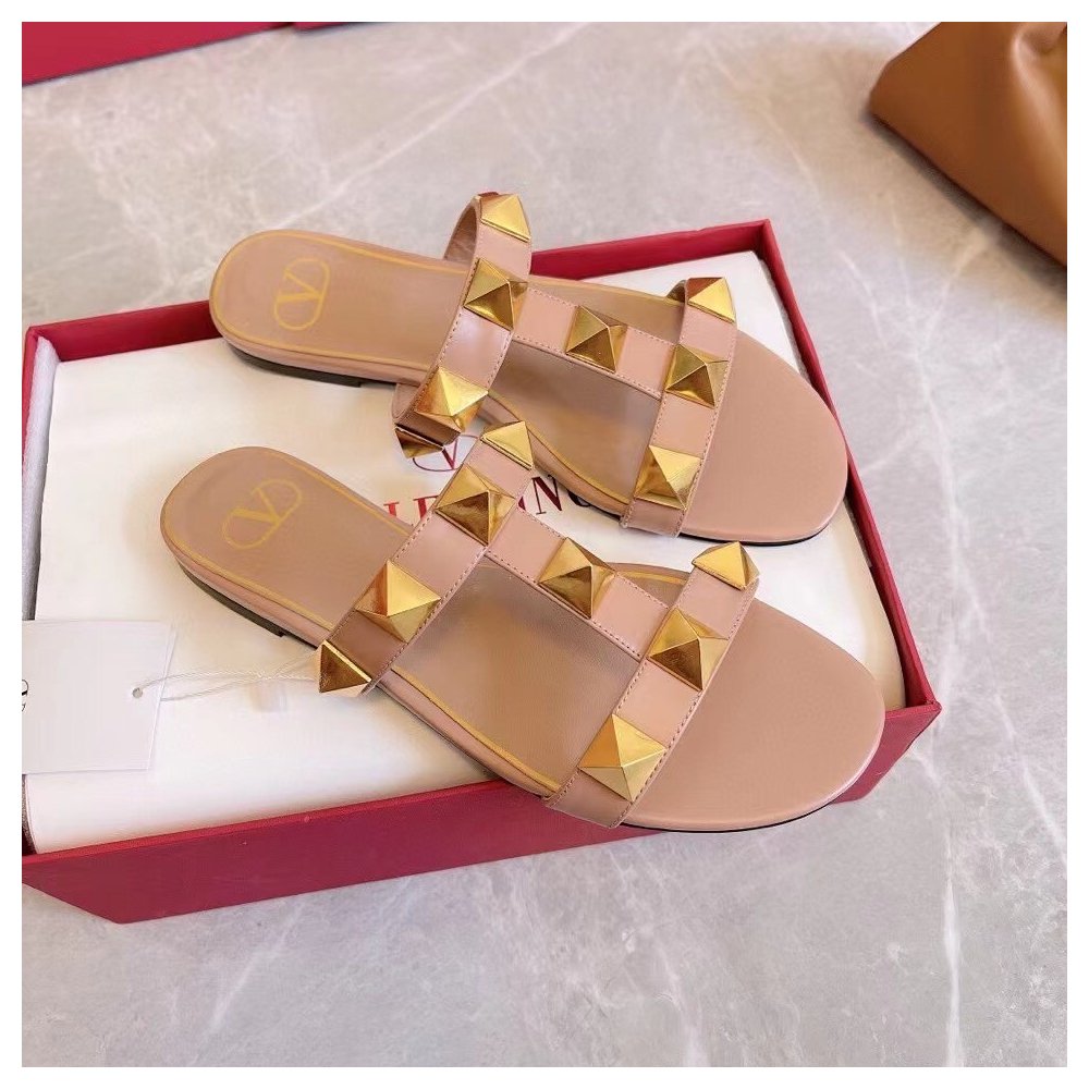 Cheap Reps Valentino Roman Stud Flat Slides In Rose Cannelle Calfskin