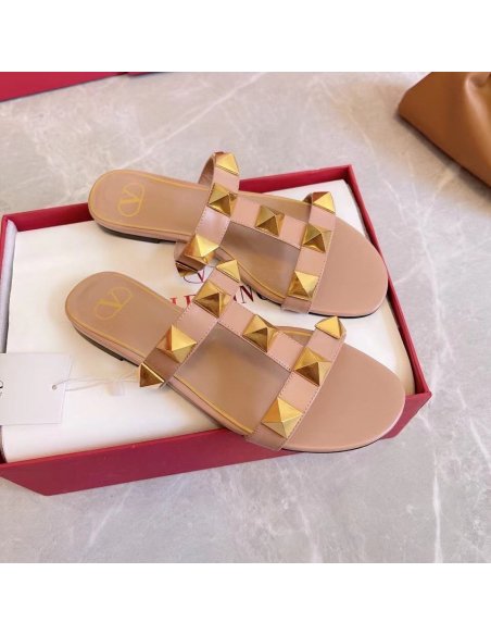 Cheap Reps Valentino Roman Stud Flat Slides In Rose Cannelle Calfskin