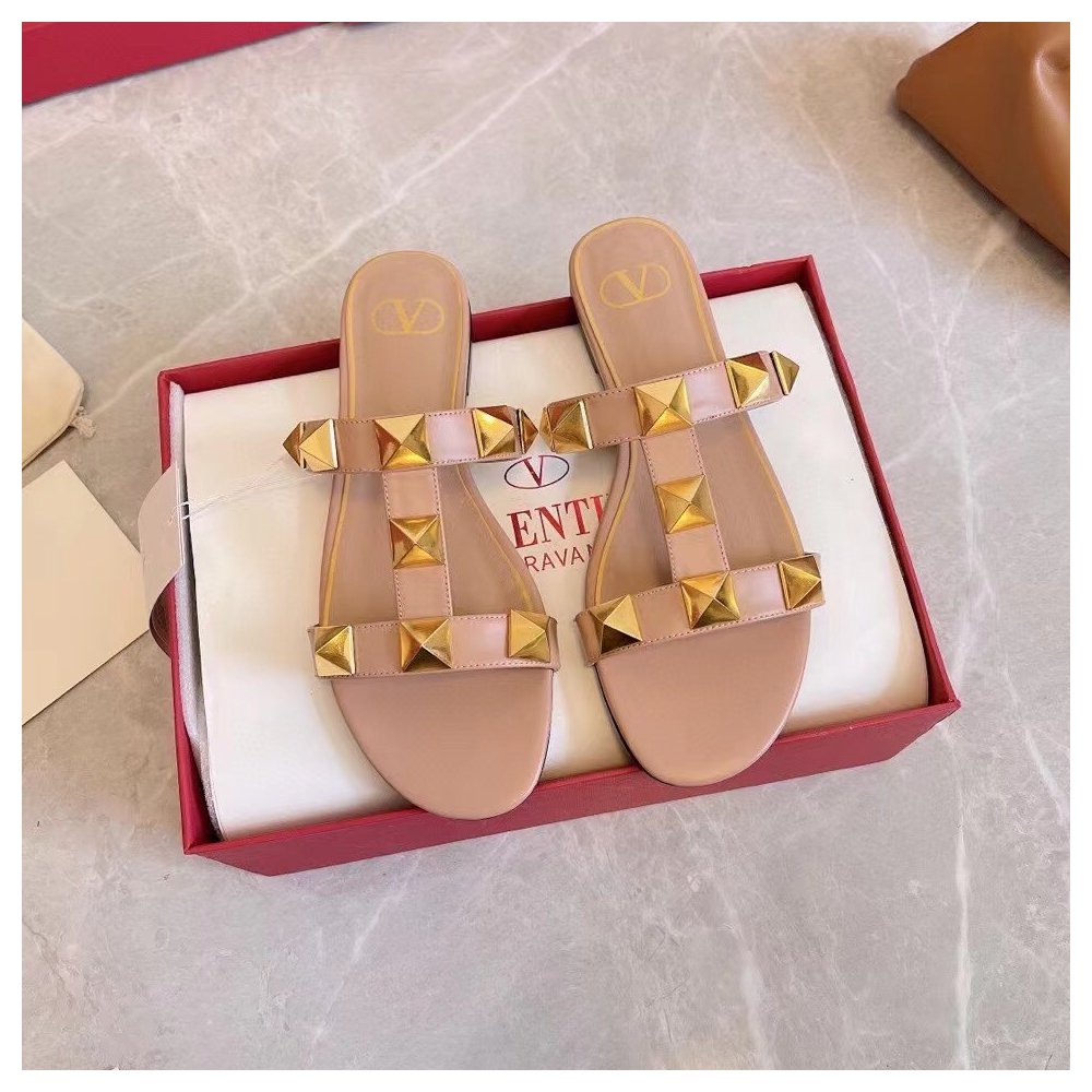 Cheap Reps Valentino Roman Stud Flat Slides In Rose Cannelle Calfskin