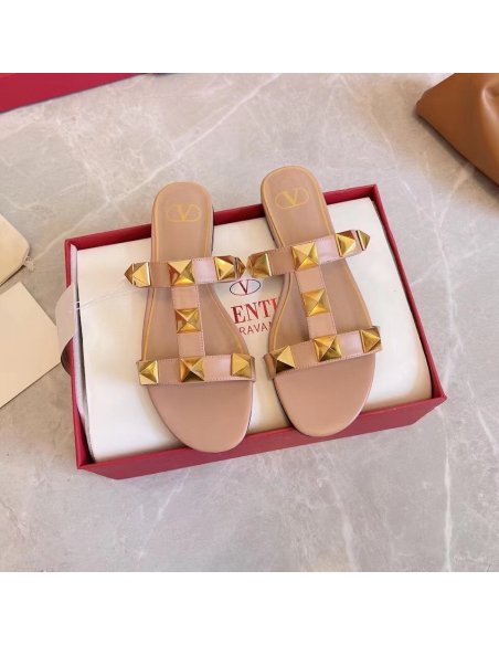 Cheap Reps Valentino Roman Stud Flat Slides In Rose Cannelle Calfskin