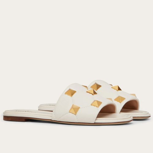 Cheap Reps Valentino Roman Stud Flat Slides In White Quilted Nappa