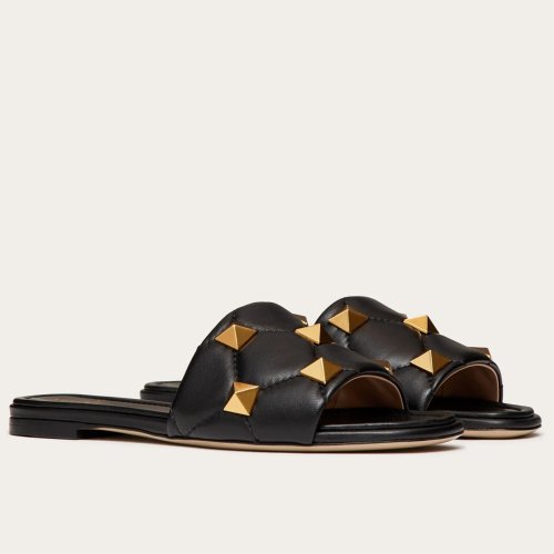 Cheap Reps Valentino Roman Stud Flat Slides In Black Quilted Nappa