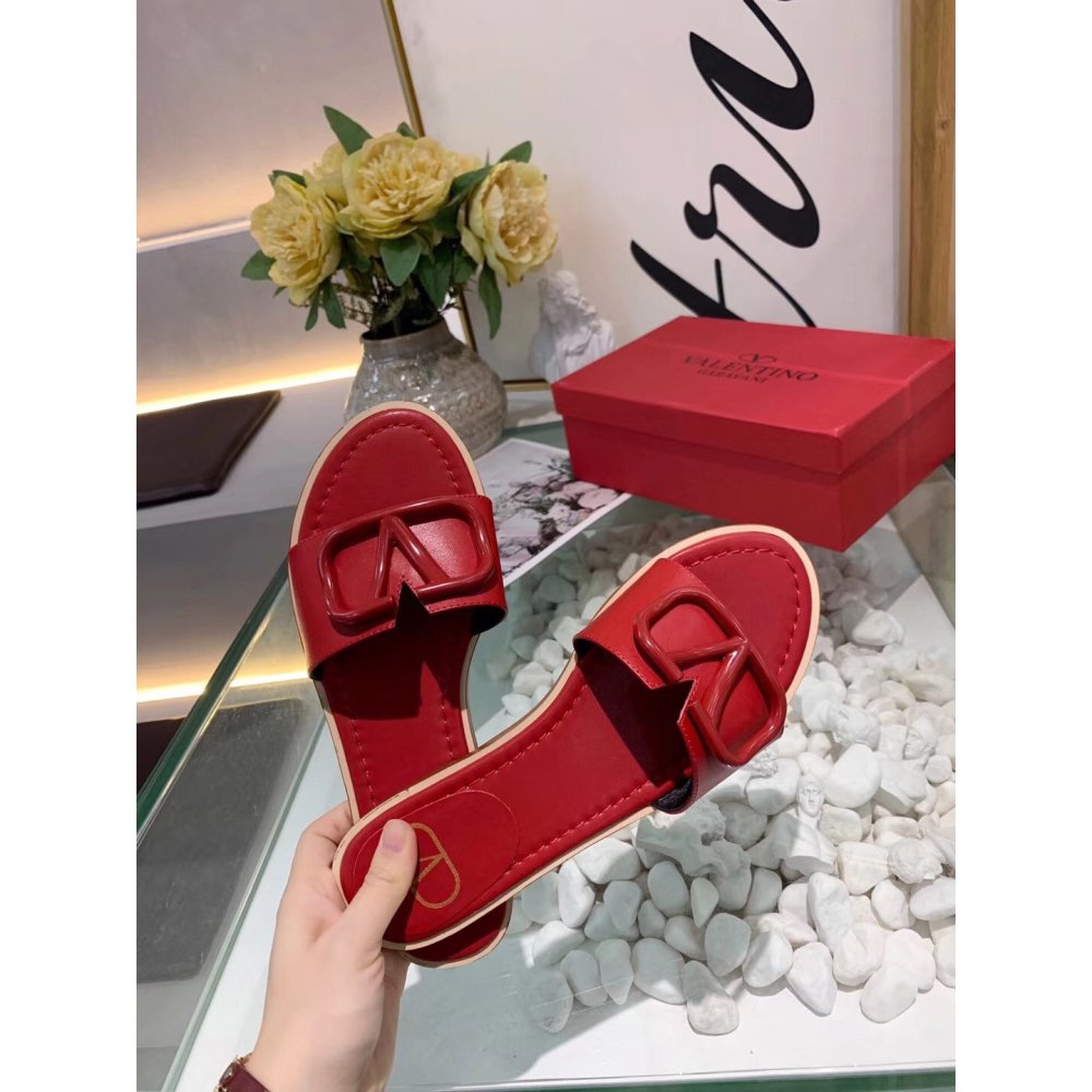 Cheap Reps Valentino VLogo Signature Flat Slides In Red Calfskin