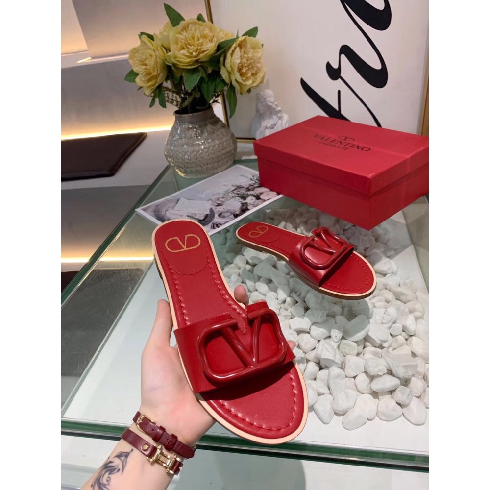 Cheap Reps Valentino VLogo Signature Flat Slides In Red Calfskin