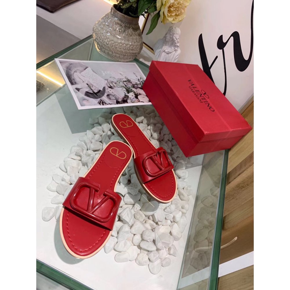 Cheap Reps Valentino VLogo Signature Flat Slides In Red Calfskin