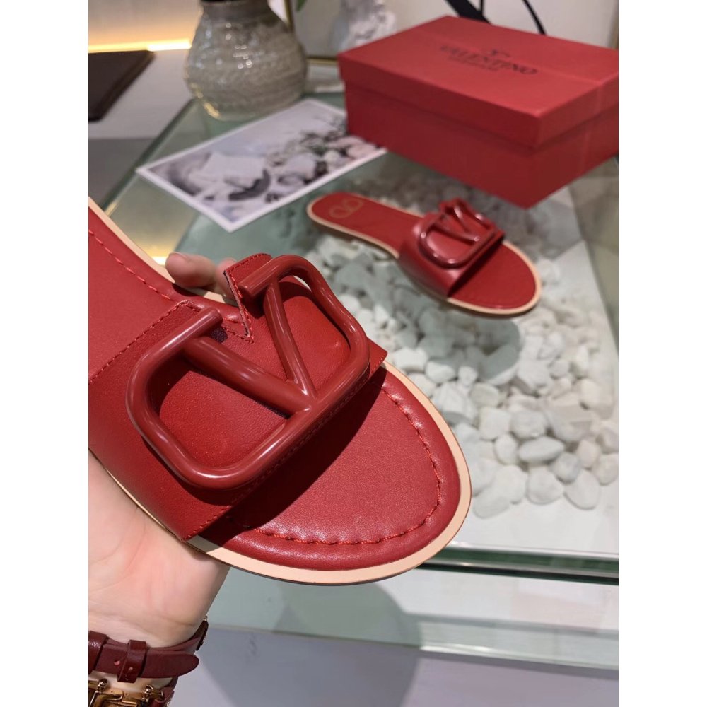 Cheap Reps Valentino VLogo Signature Flat Slides In Red Calfskin
