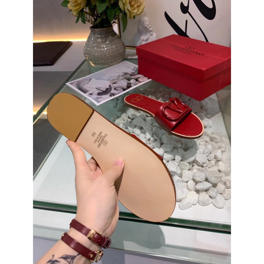 Cheap Reps Valentino VLogo Signature Flat Slides In Red Calfskin