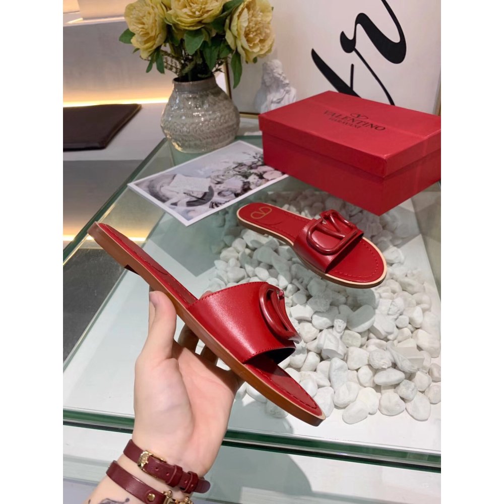 Cheap Reps Valentino VLogo Signature Flat Slides In Red Calfskin