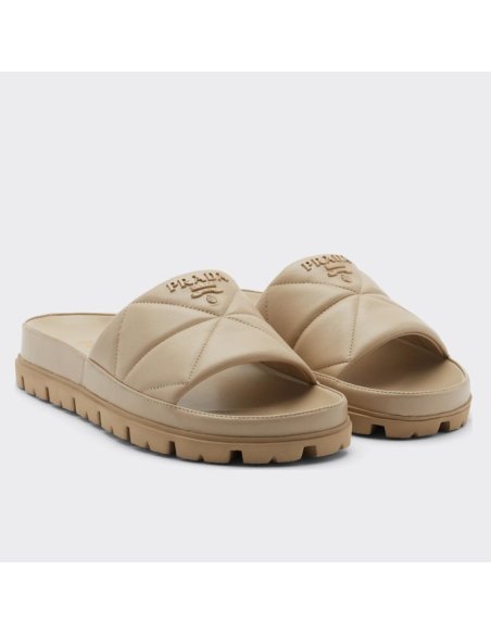 Cheap Reps Prada Womens Slides In Beige Quilted Nappa Leather